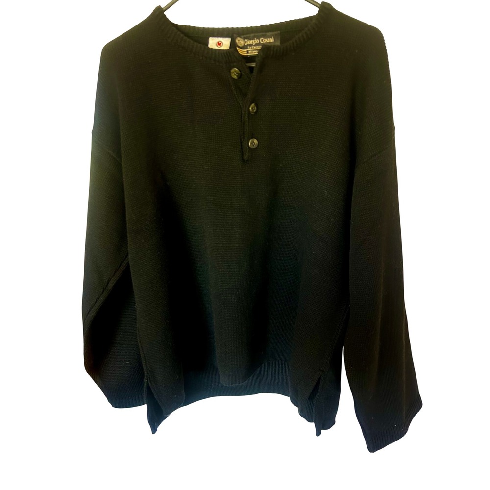 Giorgio Cosani Mens Black Henley Knit Sweater Milano Italy Long Sleeve Size M